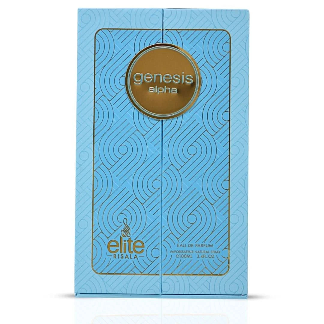 Elite Risala Genesis Alpha Eau de Parfum spray 100ml bottle with elegant packaging and a sleek design.
