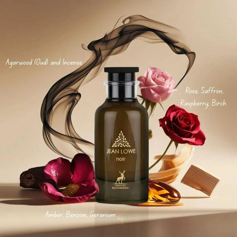 Maison Alhambra Jean Lowe Noir Eau de Parfum spray 100ml with velvet pouch, elegant bottle design, and black accents.