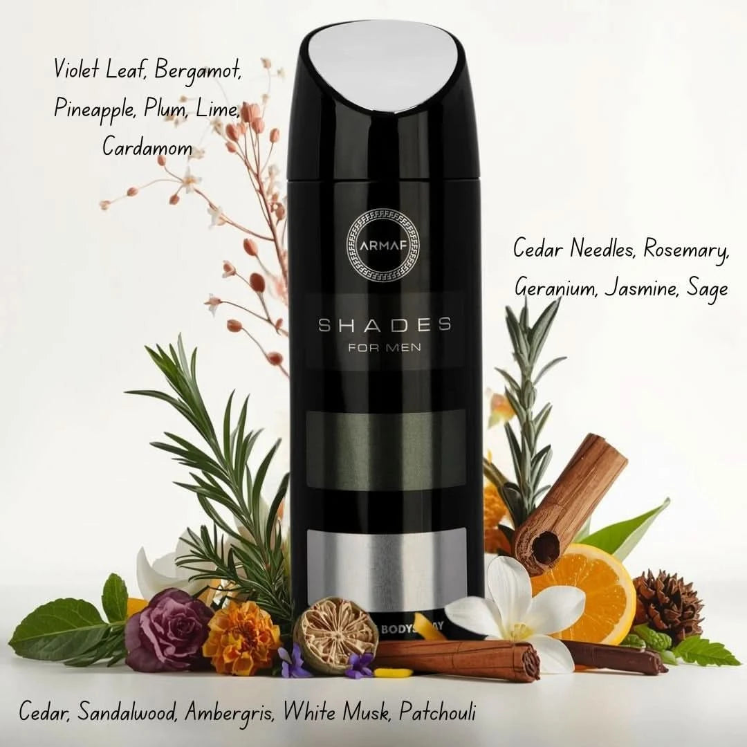 Armaf Shades deodorant spray bottle, 200ml, with sleek packaging and spray nozzle, designed for freshness and odor control.
