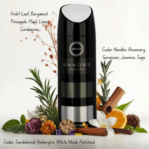 Armaf Shades deodorant spray bottle, 200ml, with sleek packaging and spray nozzle, designed for freshness and odor control.