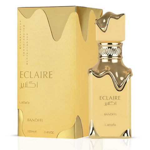 Bundle of Lattafa Eclaire Banoffi and Paris Corner Banana Bliss Eau de Parfum sprays in 100ml bottles, featuring fruity and sweet fragrance designs.