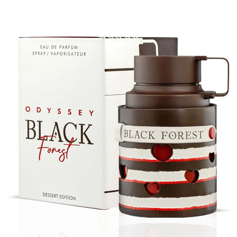 Bundle of Armaf Odyssey Toffee Coffee and Black Forest Eau de Parfum sprays, 100ml bottles, featuring elegant perfume packaging.