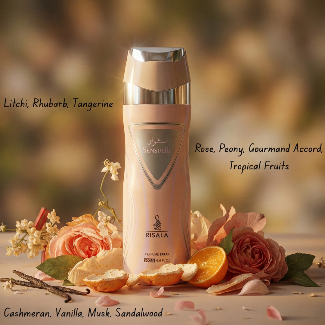 Risala Sensuelle perfumed body spray deodorant bottle, 200ml, with elegant packaging and spray nozzle visible.