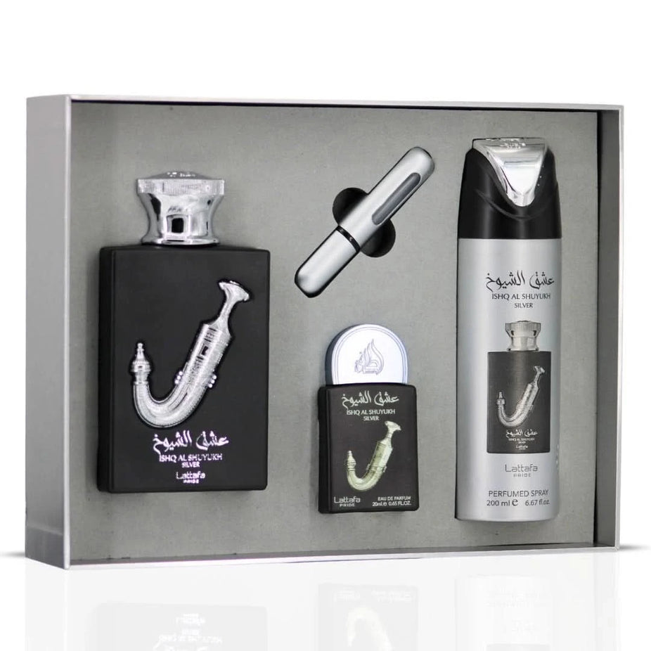 Lattafa Pride Ishq Al Shuyukh silver 3-piece perfume gift set with elegant bottles and packaging, perfect for gifting