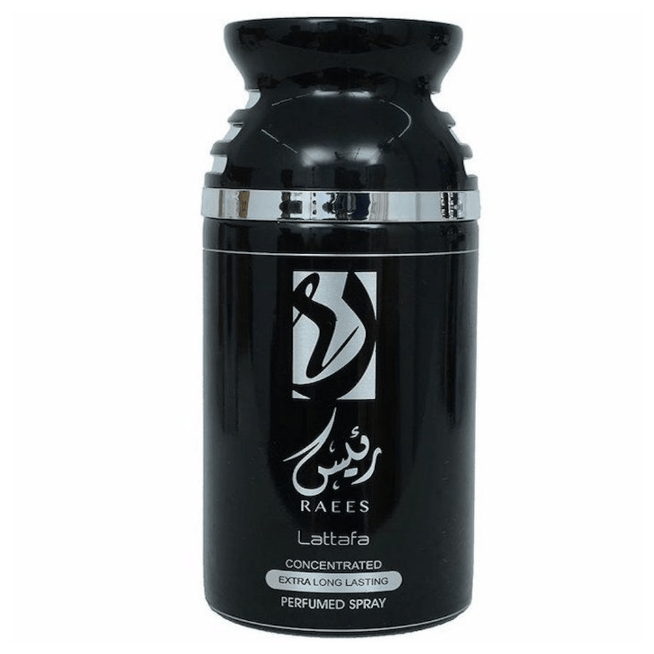 Lattafa Raees deodorant spray in 250ml bottle, featuring a sleek design and fresh scent for everyday use.