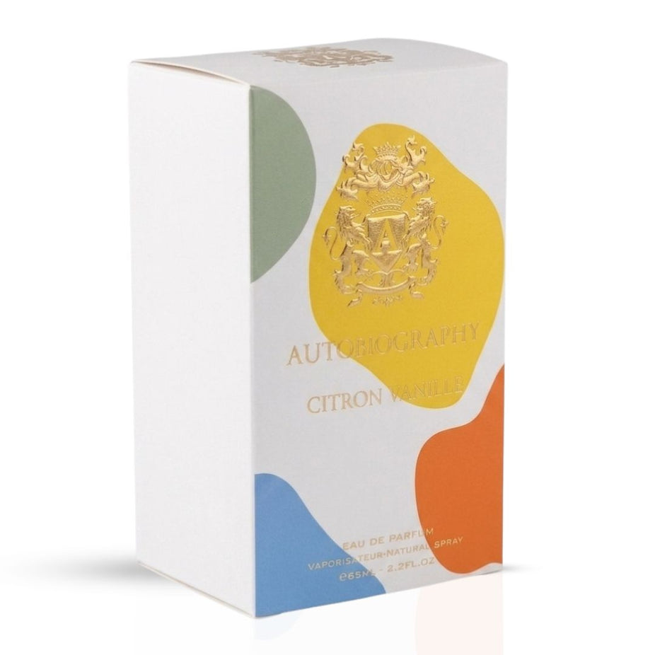 Autobiography Citrone Vanille Eau de Parfum spray by Paris Corner, 65ml, featuring a sleek bottle with citrus and vanilla notes.