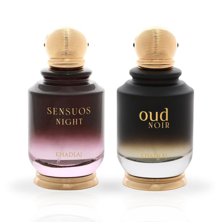 Khadlaj Sensuos Night & Oud Noir Eau de Parfum spray, 100ml, with the perfume bottle and elegant packaging visible.