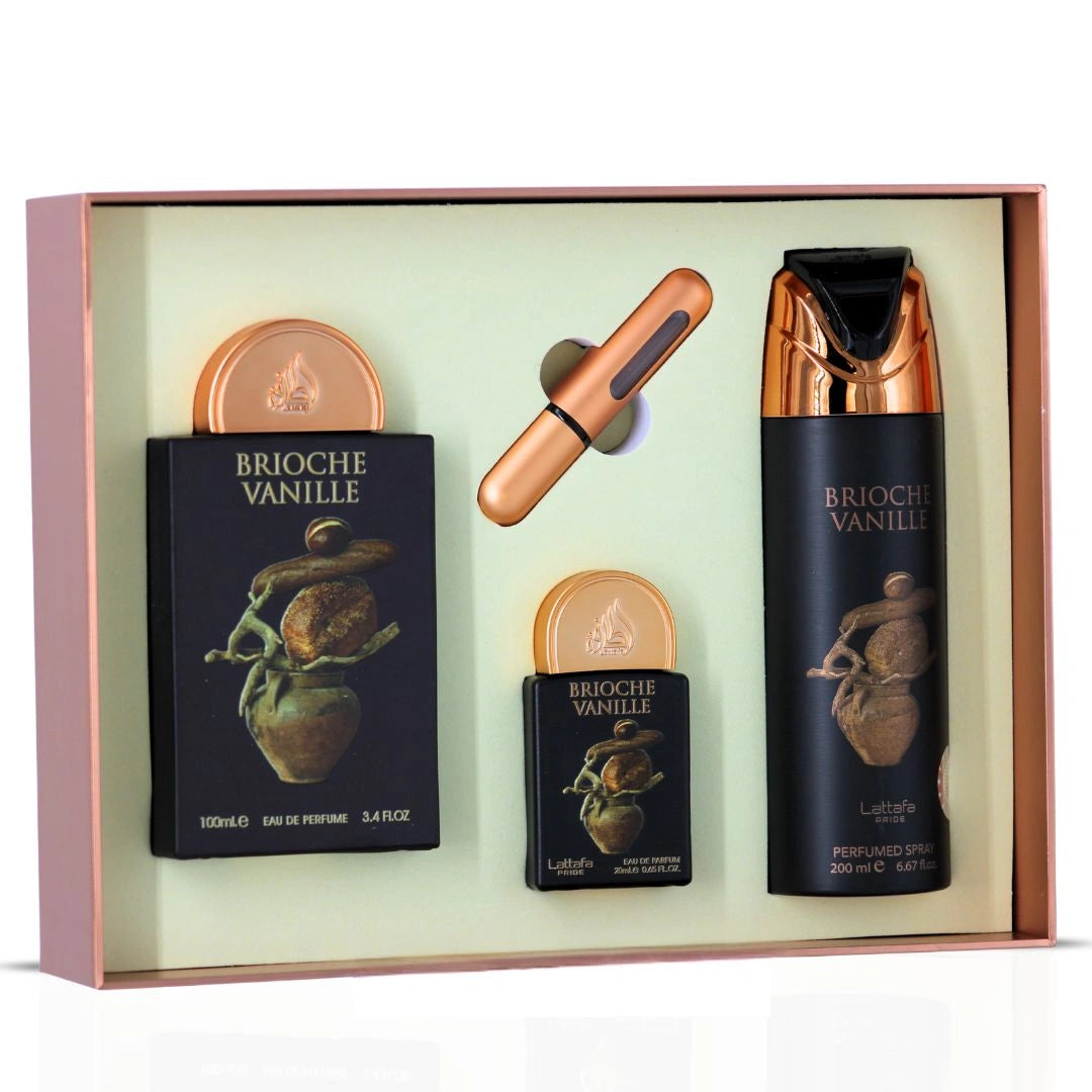 Lattafa Pride Brioche Vanille 3-Piece Eau de Parfum Gift Set | Gourmand Warmth With A Floral-Wooded Twist (Gift Set) - Intense Oud