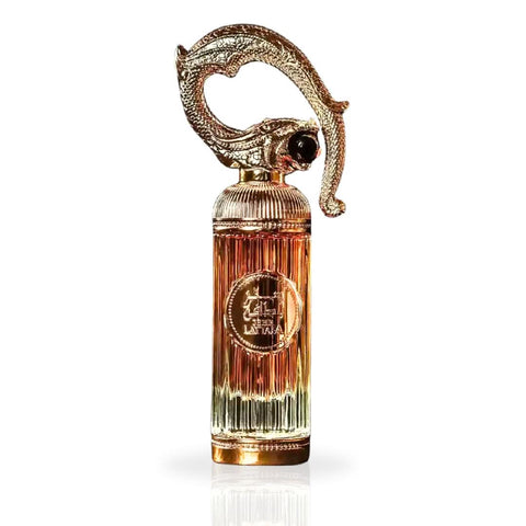Lattafa Sehr Eau de Parfum Spray 100ml in a velvet pouch, showcasing the elegant fragrance bottle.