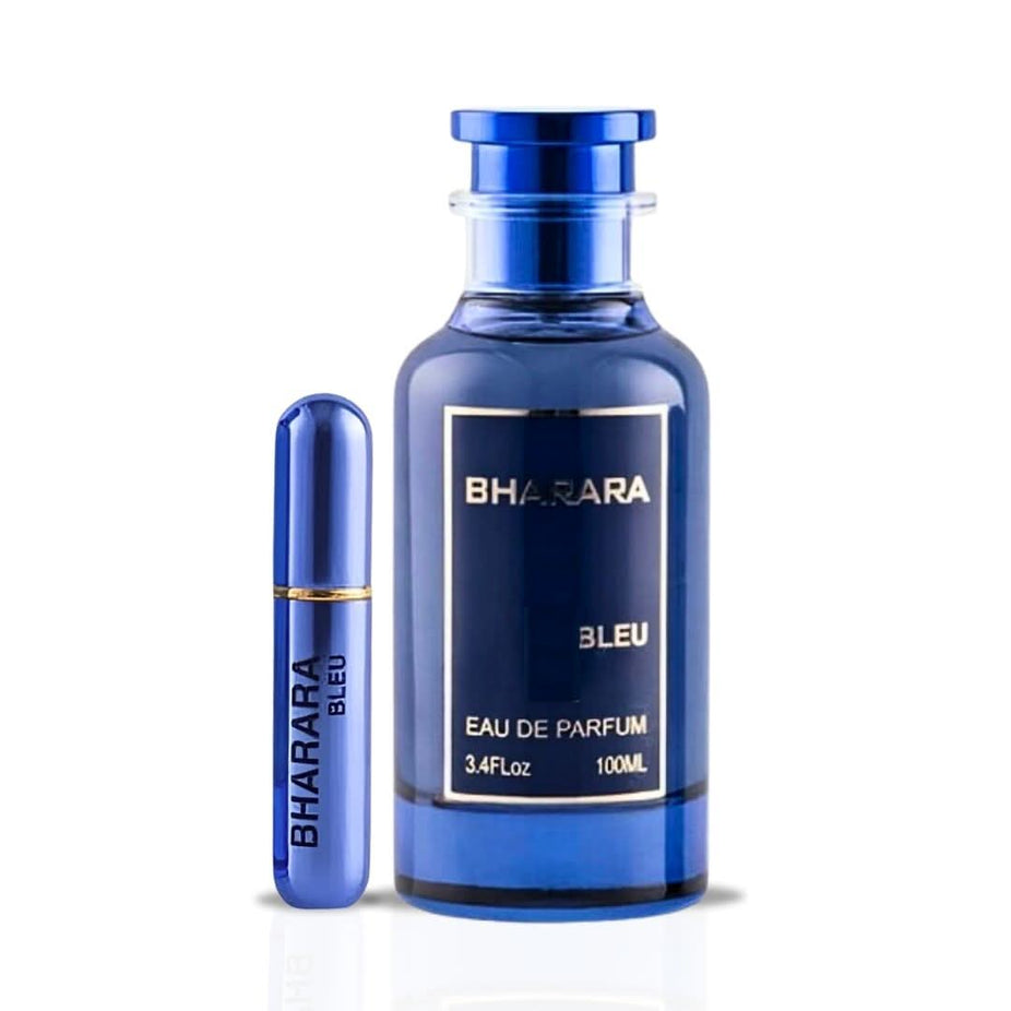 Bharara Bleu Pour Homme Eau de Parfum spray 100ml bottle with sleek blue design, showcasing the BHARARA branding.