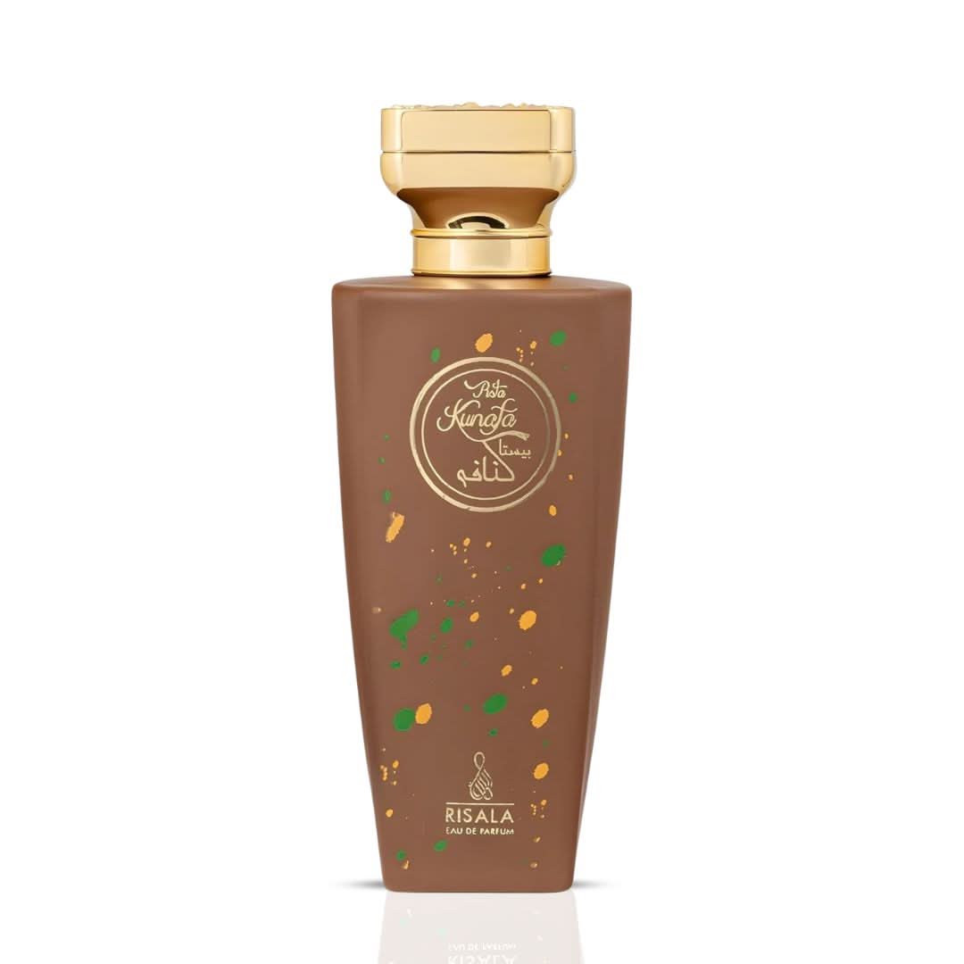 Risala Pista Kunafa Eau de Parfum spray bottle, 100ml, with elegant packaging, showcasing the RISALA brand and fragrance design.