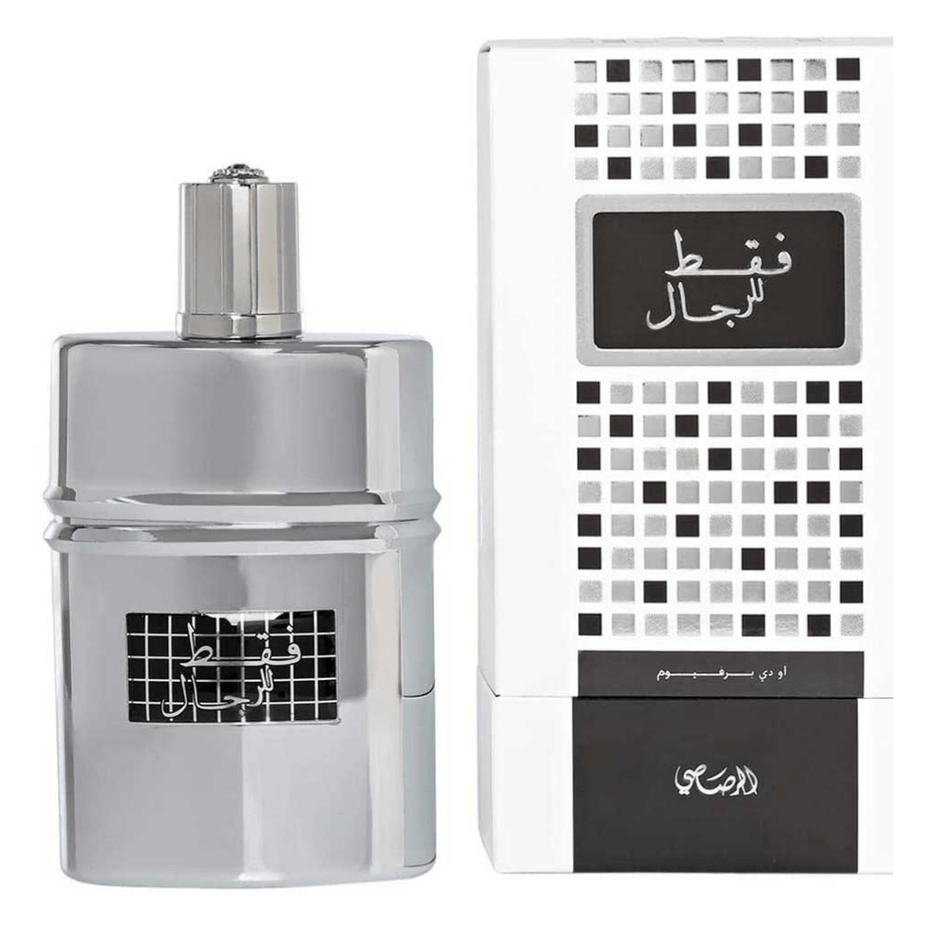 Rasasi Faqat Lil Rijal men's Eau de Parfum spray 50ml bottle with sleek packaging and fragrance details.