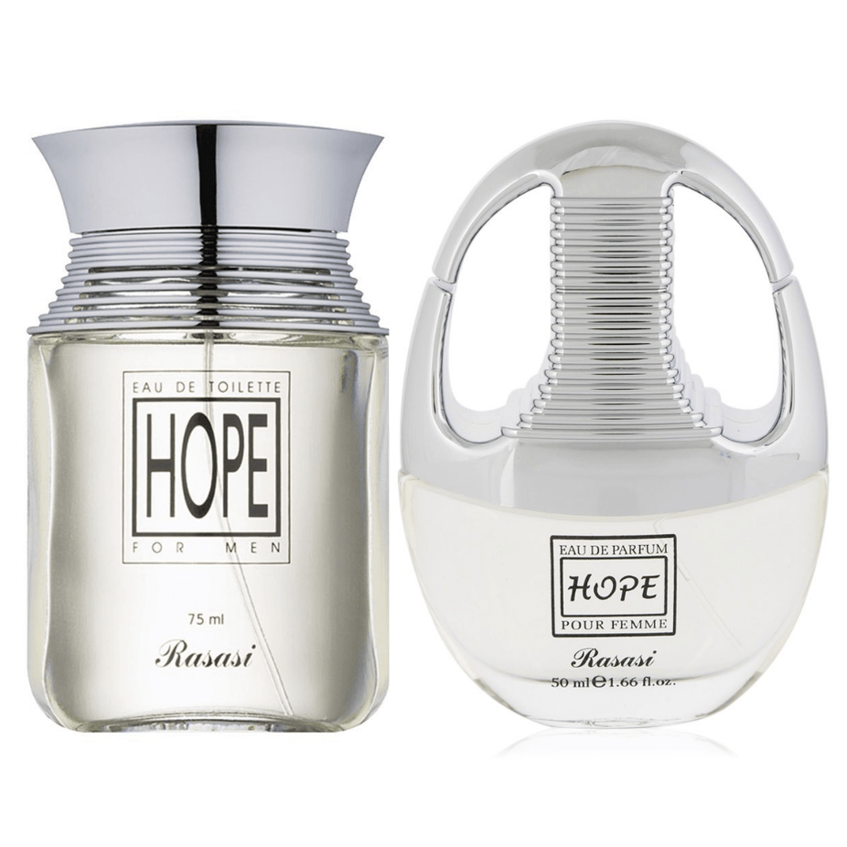 Rasasi Hope EDP couple set with 75ml men's and 50ml women's perfume bottles, elegant packaging and fragrance display.