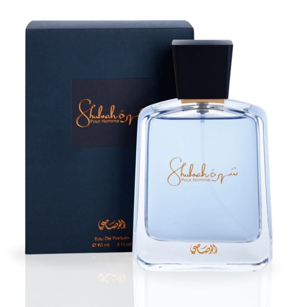 Rasasi Shuhrah Pour Homme Eau de Parfum spray in a 90ml bottle, shown in a value pack of three, with sleek packaging.