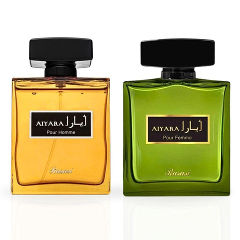 Rasasi Aiyara Pour Homme and Femme Eau de Parfum sprays, 100ml bundle, featuring stylish bottles with elegant design.
