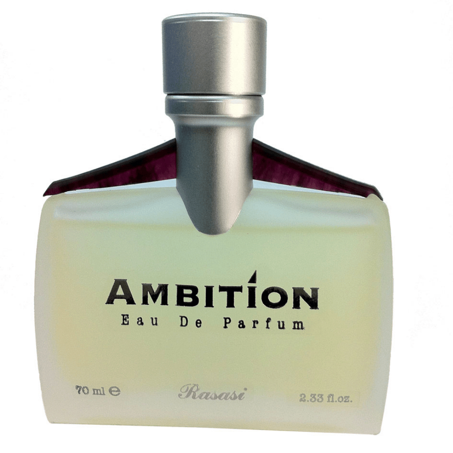 Rasasi Ambition for Men Eau De Parfum 70ml and Deodorant 150ml bottles on a display with fragrance caps and packaging details