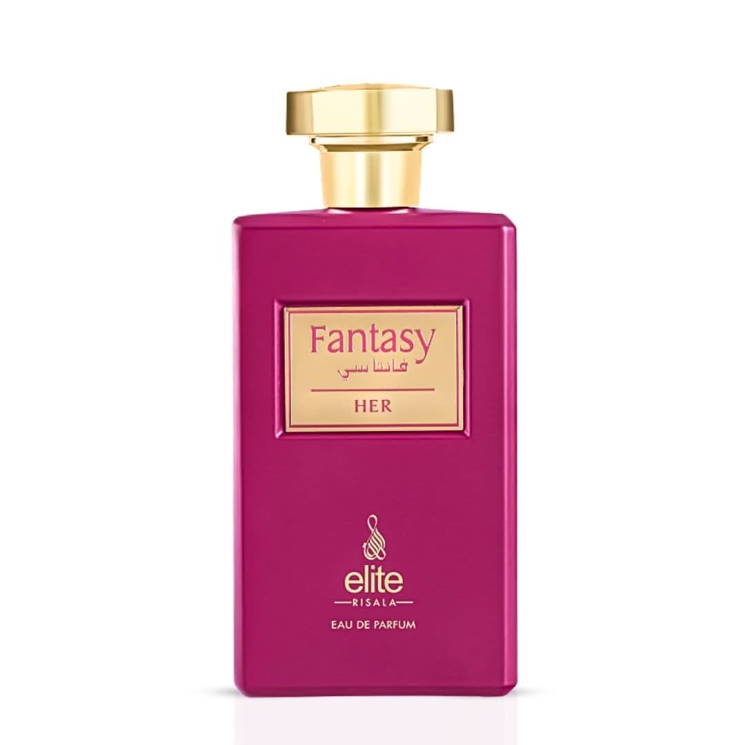 Elite Risala Fantasy For Her Eau de Parfum spray 100ml with elegant bottle and floral design, showcasing the fragrance aesthetic.