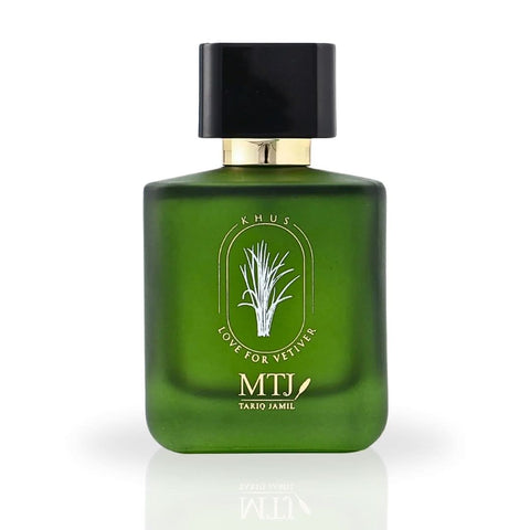 MTJ Khus Love Vetiver EDP Spray 100ML with floral, warm, woody scent in a sleek transparent bottle.