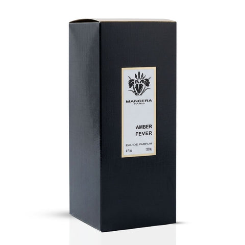 Amber Fever Eau de Parfum spray by Mancera, featuring a sleek 120ml bottle with amber-colored perfume inside.