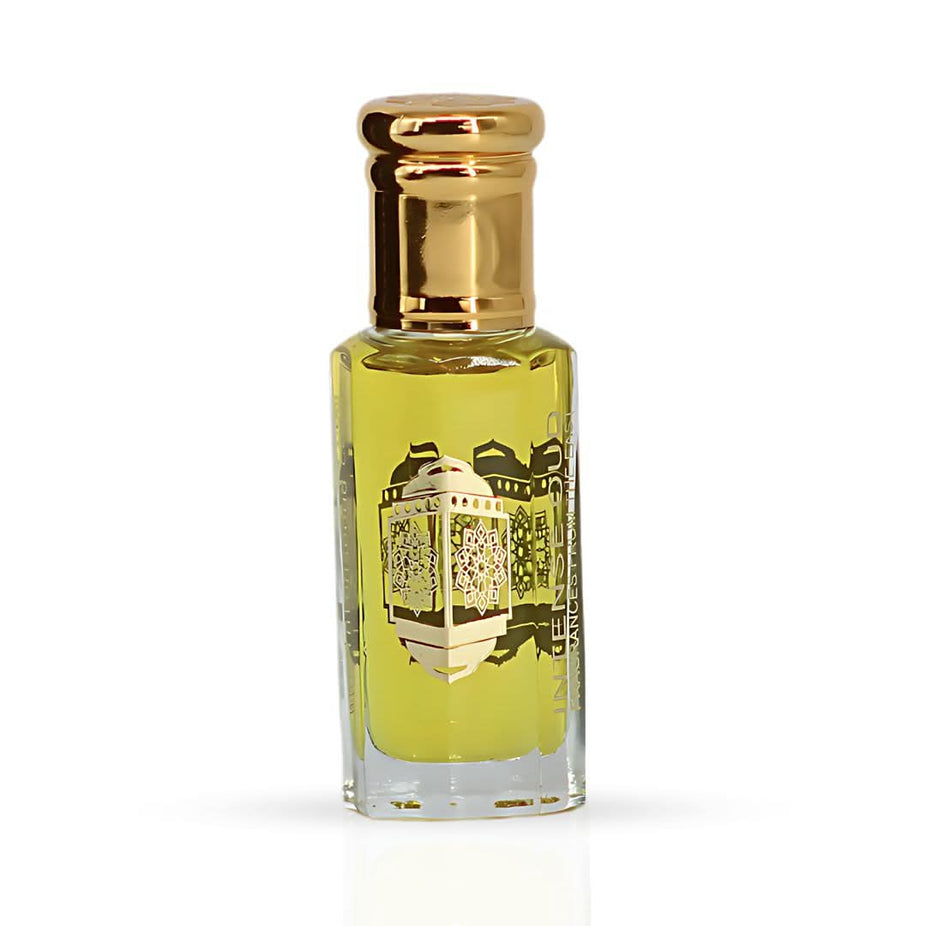 Intense Oud Bloom Perfume Oil 12ml in a black gift box, loose oil bottle with elegant branding and floral design.