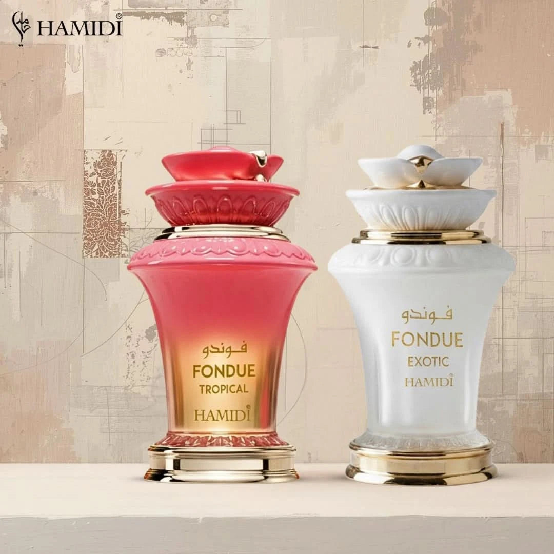 Hamidi Fondue Tropical and Exotic Eau de Parfum Spray bundle, 100ml bottles with colorful packaging, showcasing tropical and exotic fragrance themes.