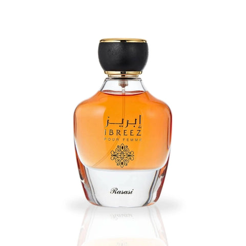 Ibreez Pour Femme Eau de Parfum spray by Rasasi in a velvet pouch, 100ml bottle with elegant floral design.