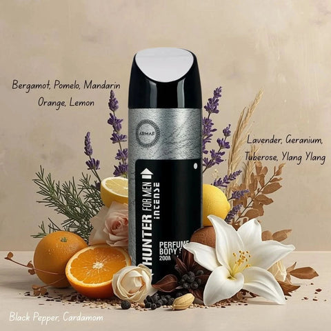 Hunter Intense Deodorant Spray by Armaf, 200ml bottle, with a sleek design and spray nozzle for freshening up.