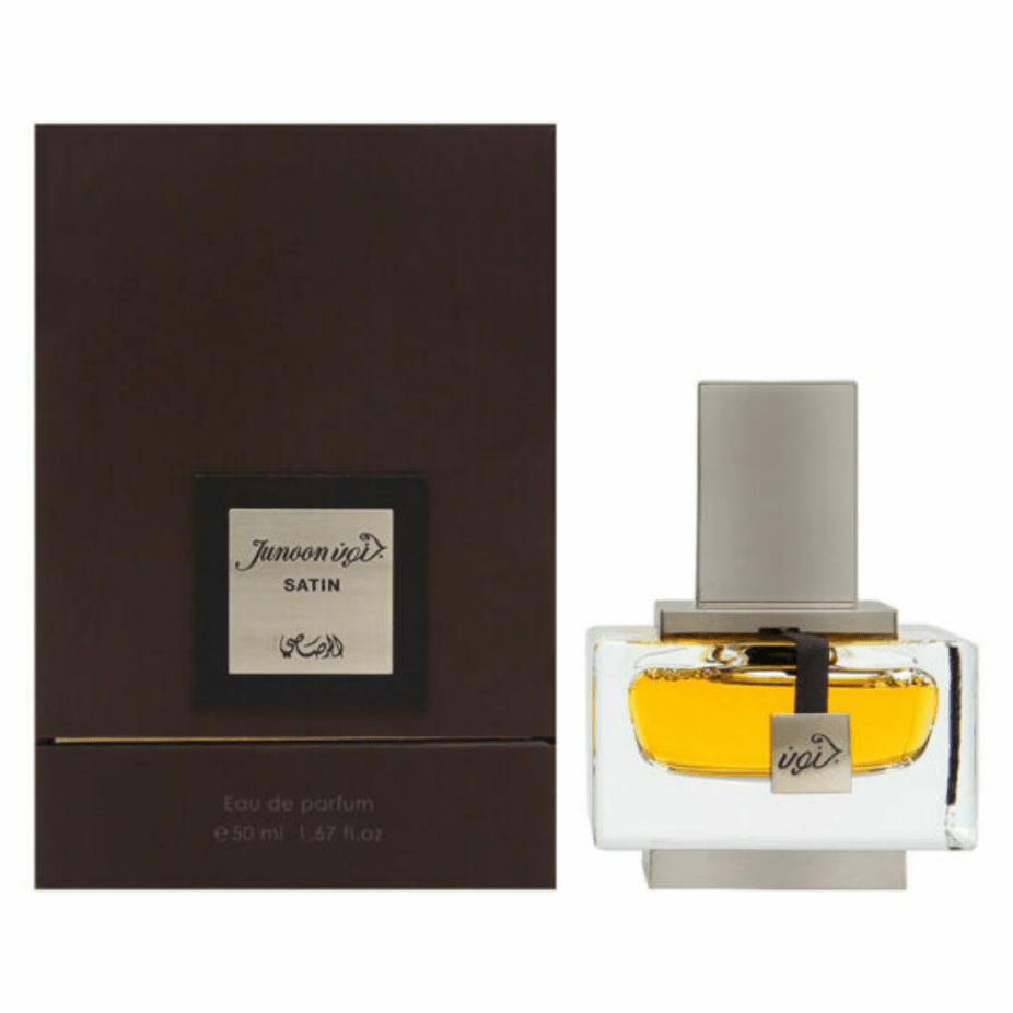 Rasasi Junoon Satin for Men Eau De Parfum 50ml bottle, sleek design showcasing the fragrance product.