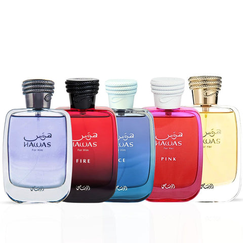 Hawas Men, Hawas Ice, Hawas Fire, Hawas Her & Hawas Pink Eau de Parfum Sprays 100ml by Rasasi | The Ultimate Hawas Collection (Bundle) - Intense Oud