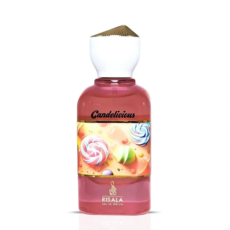 RISALA Candelicious Eau de Parfum spray 100ml bottle, elegant packaging with a sleek design, showcasing the RISALA brand.