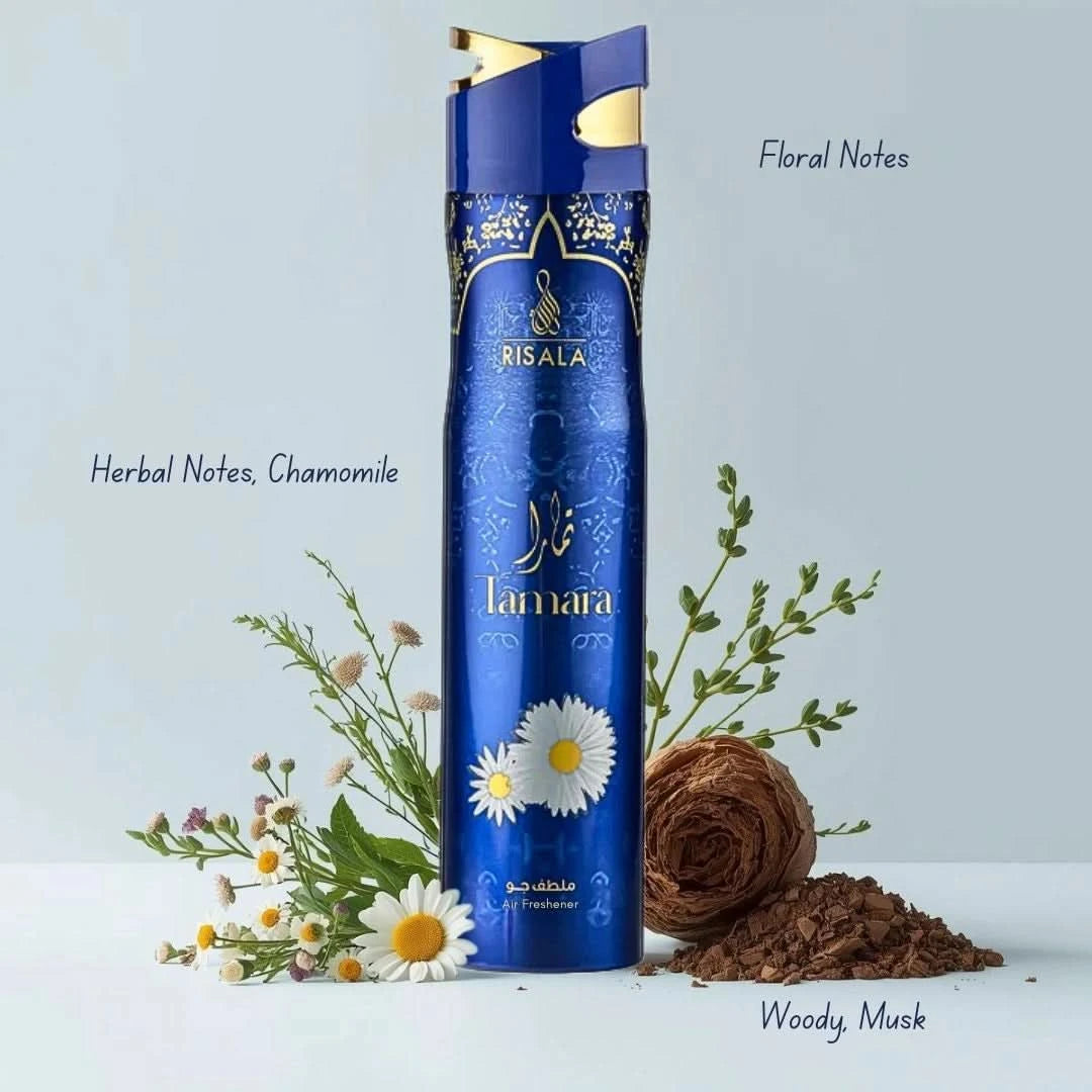 Risala Tamara Air Freshener 300ml bottle with orange and amber-colored liquid and modern spray nozzle.