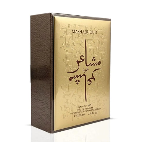 Oud Elite Mashaer Oud Eau de Parfum spray bottle with elegant packaging, 100ml (3.4 oz) fragrance for women and men.