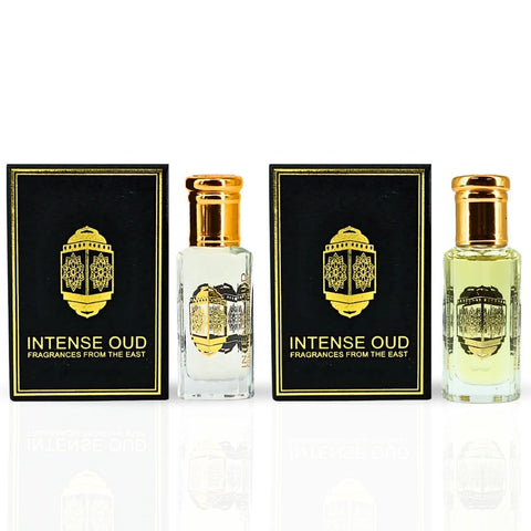 Rouje & Blush perfume oils bundle by Intense Oud, featuring two 12ml perfume oils in a black gift box, elegant and compact packaging.