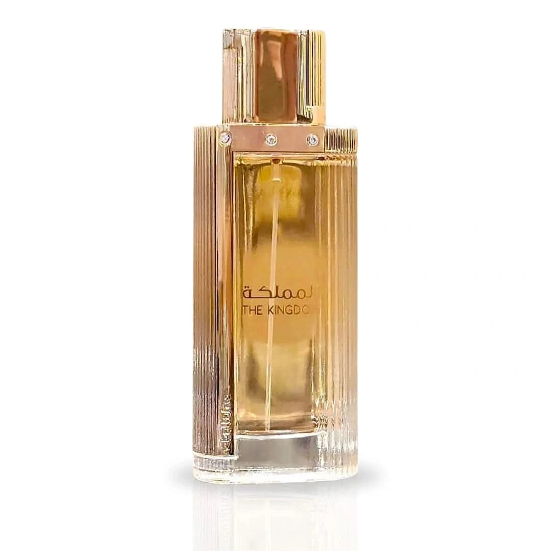 Lattafa The Kingdom for Women Eau de Parfum spray in 100ml bottle, elegant fragrance with a velvet pouch.