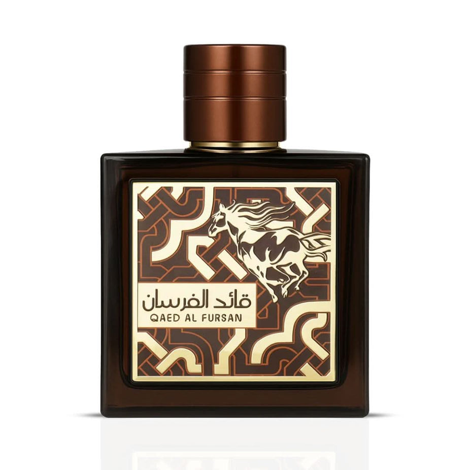 Qaed Al Fursan Untamed Eau de Parfum spray bottle by Lattafa, 90ml, with elegant packaging and fragrance notes visible.