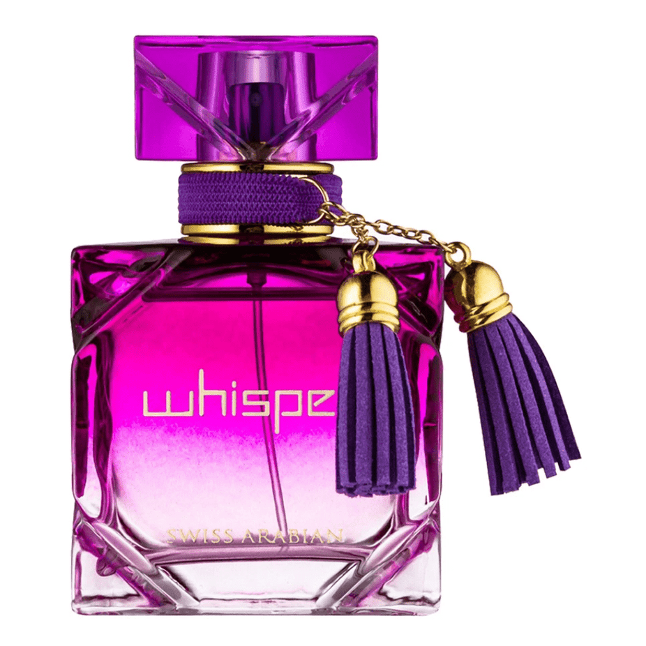 Swiss Arabian Whisper for Women Eau De Parfum 90ml bottle with elegant floral and citrus design, showcasing the fragrance.