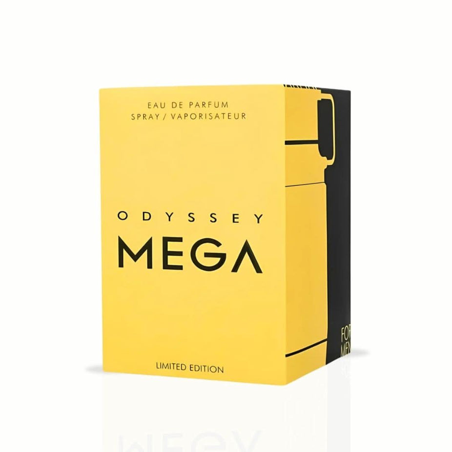 Odyssey Mega Man Limited Edition Eau de Parfum spray by Armaf, 60ml bottle with sleek design and metallic accents.
