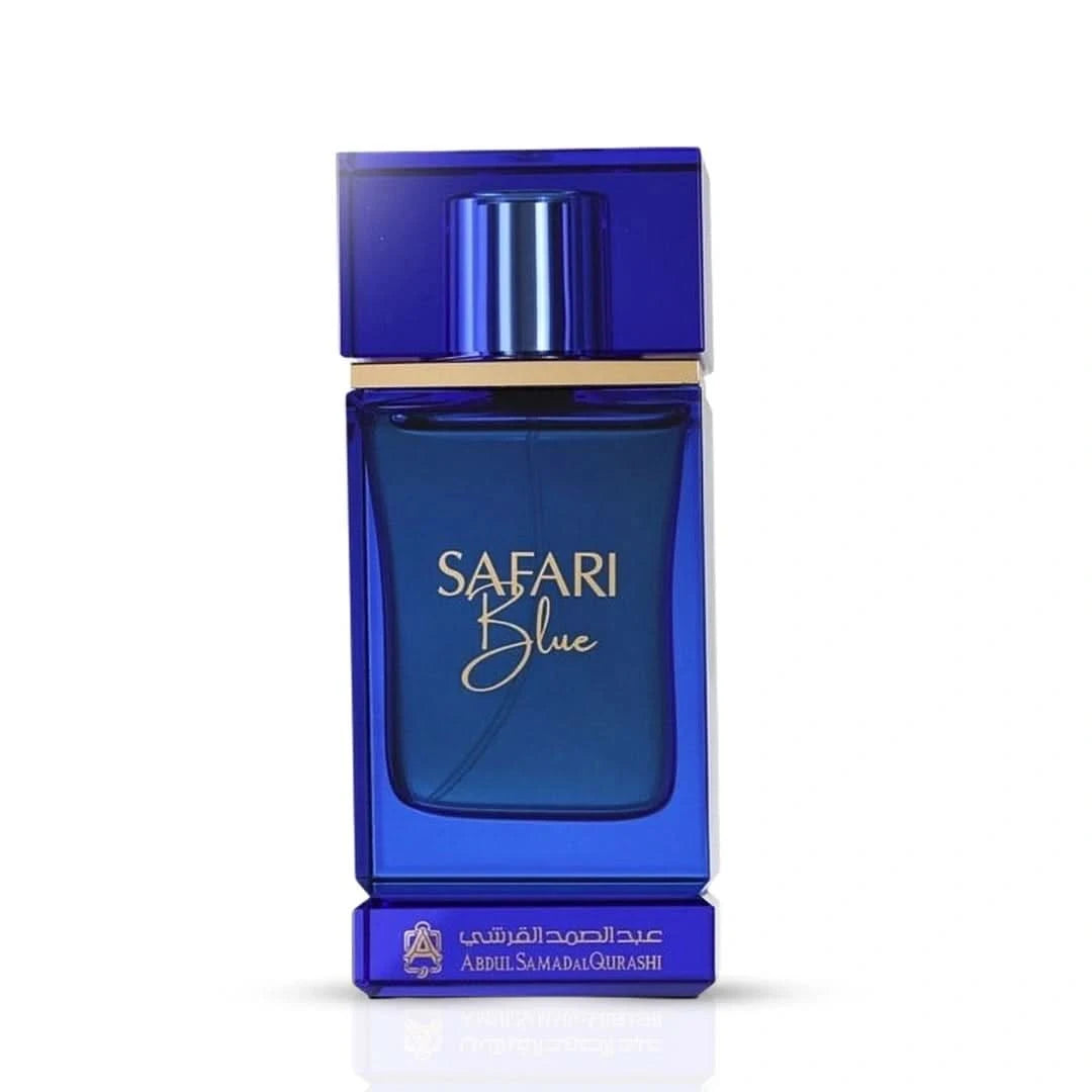 Safari Blue Extrait de Parfum Spray by Abdul Samad Al Qurashi, 75ml EDP bottle with elegant blue design and silver cap.