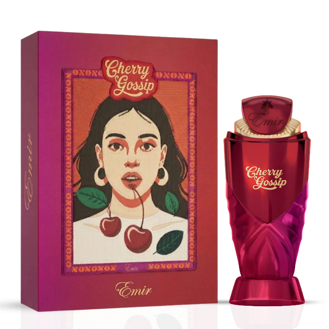 Bundle of Mayar Cherry Intense Eau de Parfum and Cherry Gossip Eau de Parfum by Intense Oud, 100ml bottles, in sleek spray bottles.