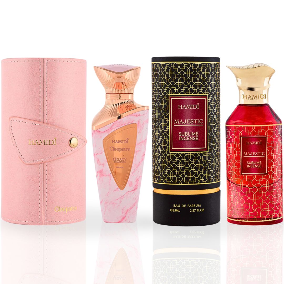 Legacy Cleopatra EDP Spray 100ML (3.4OZ) & Majestic Sublime Incense EDP Spray 85ML (2.8 OZ) By Hamidi| Long Lasting & Refreshing Fragrances. (SUPREME BUNDLE) - Intense Oud