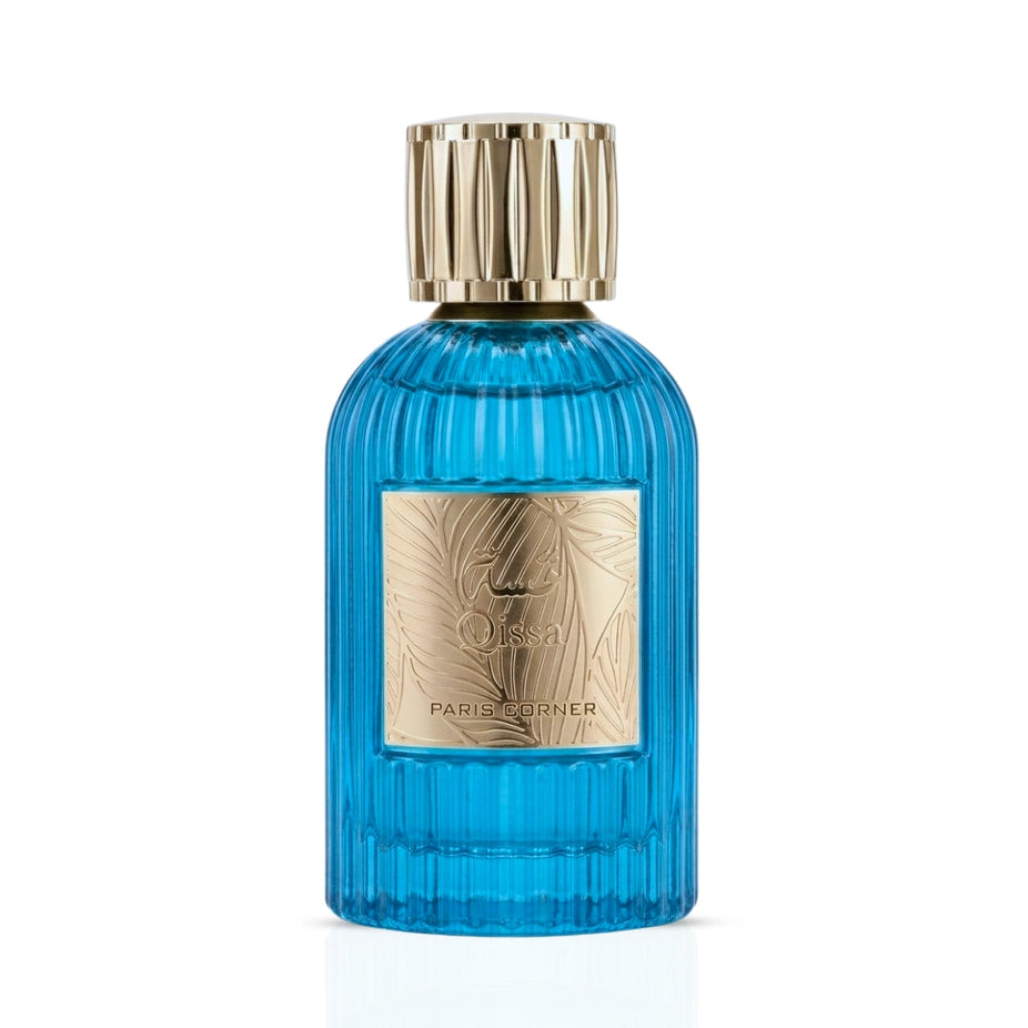 Qissa Blue Eau de Parfum Spray by Paris Corner, 100ml bottle, elegant blue fragrance bottle with a sleek design.
