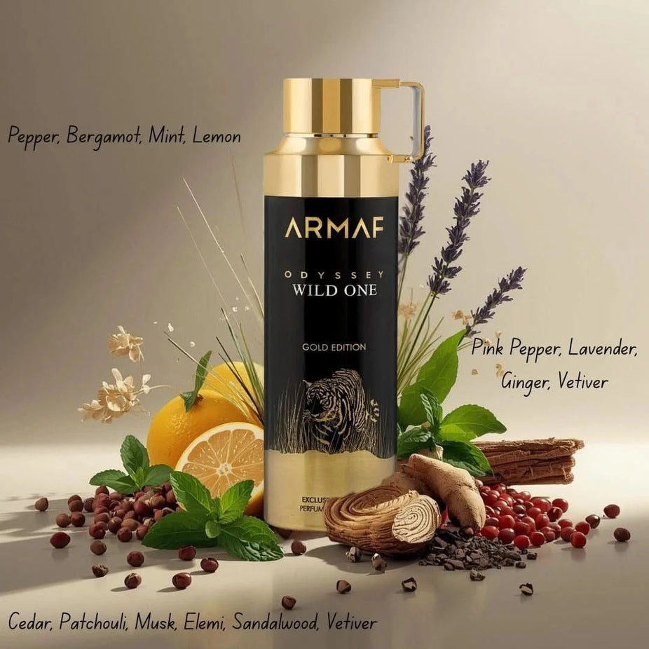 Odyssey Wild One Gold Edition deodorant spray by Armaf, 200ml bottle with gold accents, shown in a sleek design.