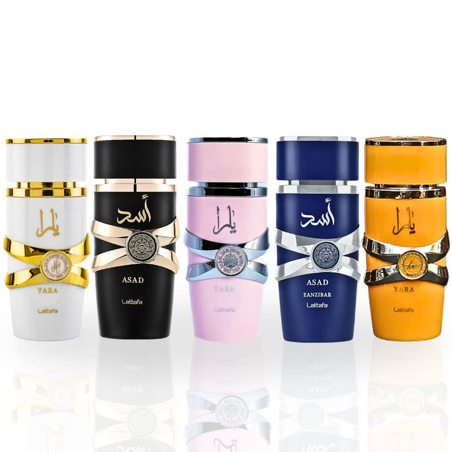 Lattafa Yara Moi and Yara Tous Eau De Parfum sprays in 100ml bottles, featuring elegant fragrance packaging and design.