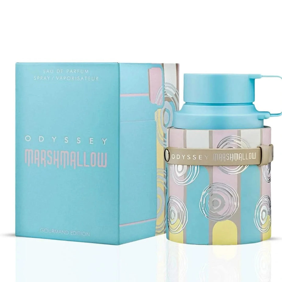 Bundle of Armaf Odyssey Marshmallow, Dubai Chocolat, and Candee Eau de Parfum sprays, 100ml bottles with elegant packaging.