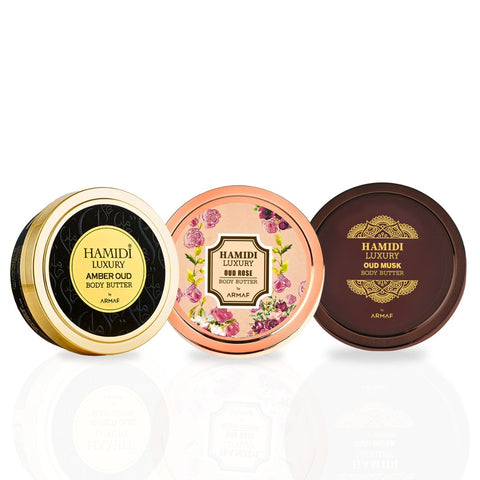 3PCS Luxury Body Butter Trio Gift Set Magnetic Box by Hamidi | Ultra Moisturizing, Skin-Nourishing, Naturally Derived Ingredients. (Pack Of 3) - Intense Oud