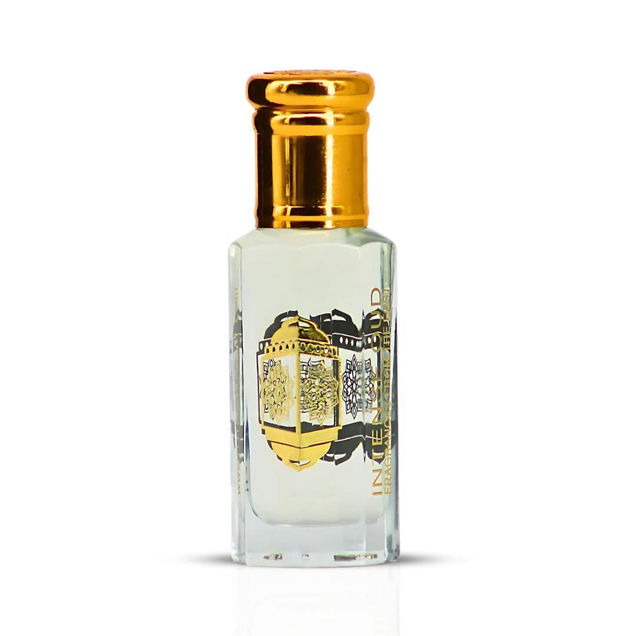 Inaya Perfume Oil 12ml by Intense Oud in a black gift box, featuring a clear glass bottle with a black cap and fragrance label.