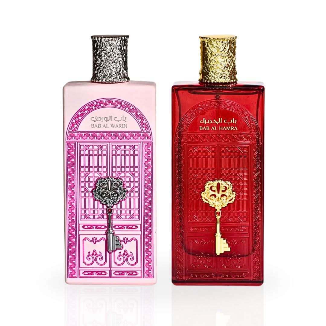 Bundle of Ard Al Zaafaran Bab Al Wardi and Bab Al Hamra Eau de Parfum sprays, 100ml bottles, featuring floral and musky scents.