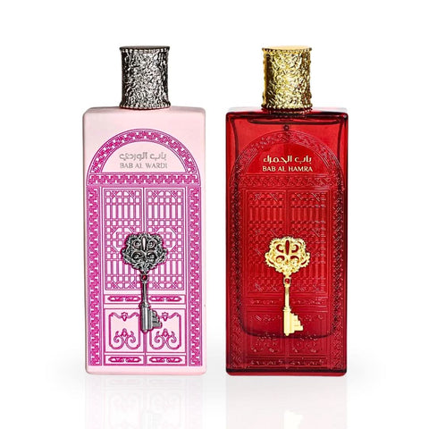 Bundle of Ard Al Zaafaran Bab Al Wardi and Bab Al Hamra Eau de Parfum sprays, 100ml bottles, featuring floral and musky scents.
