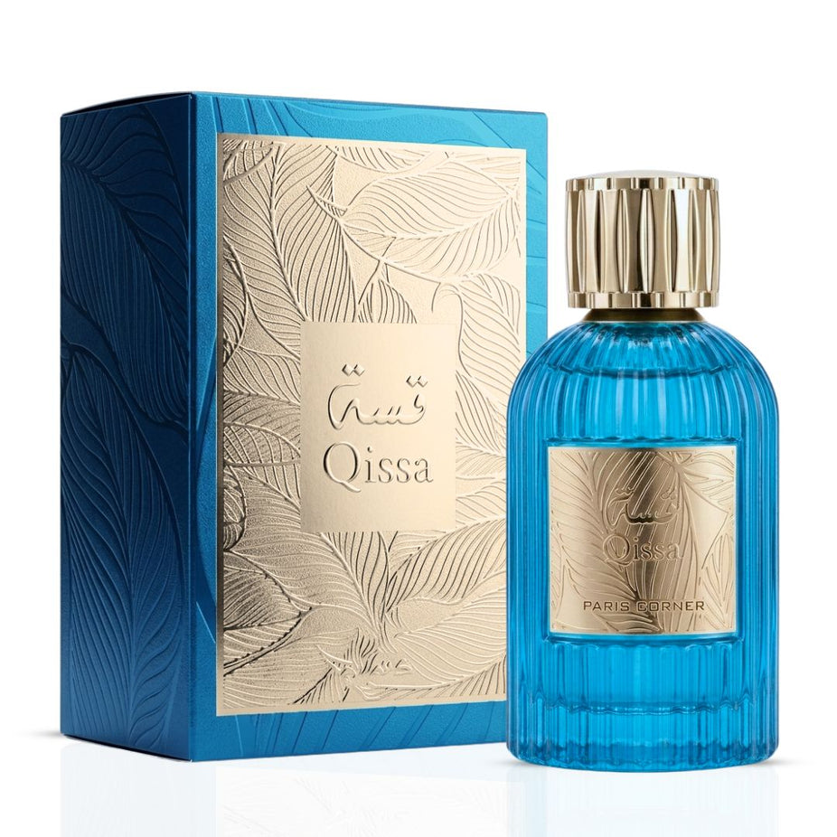 Bundle of two Paris Corner Qissa Blue and Qissa Gala Eau de Parfum sprays, 100ml each, with elegant bottle designs.