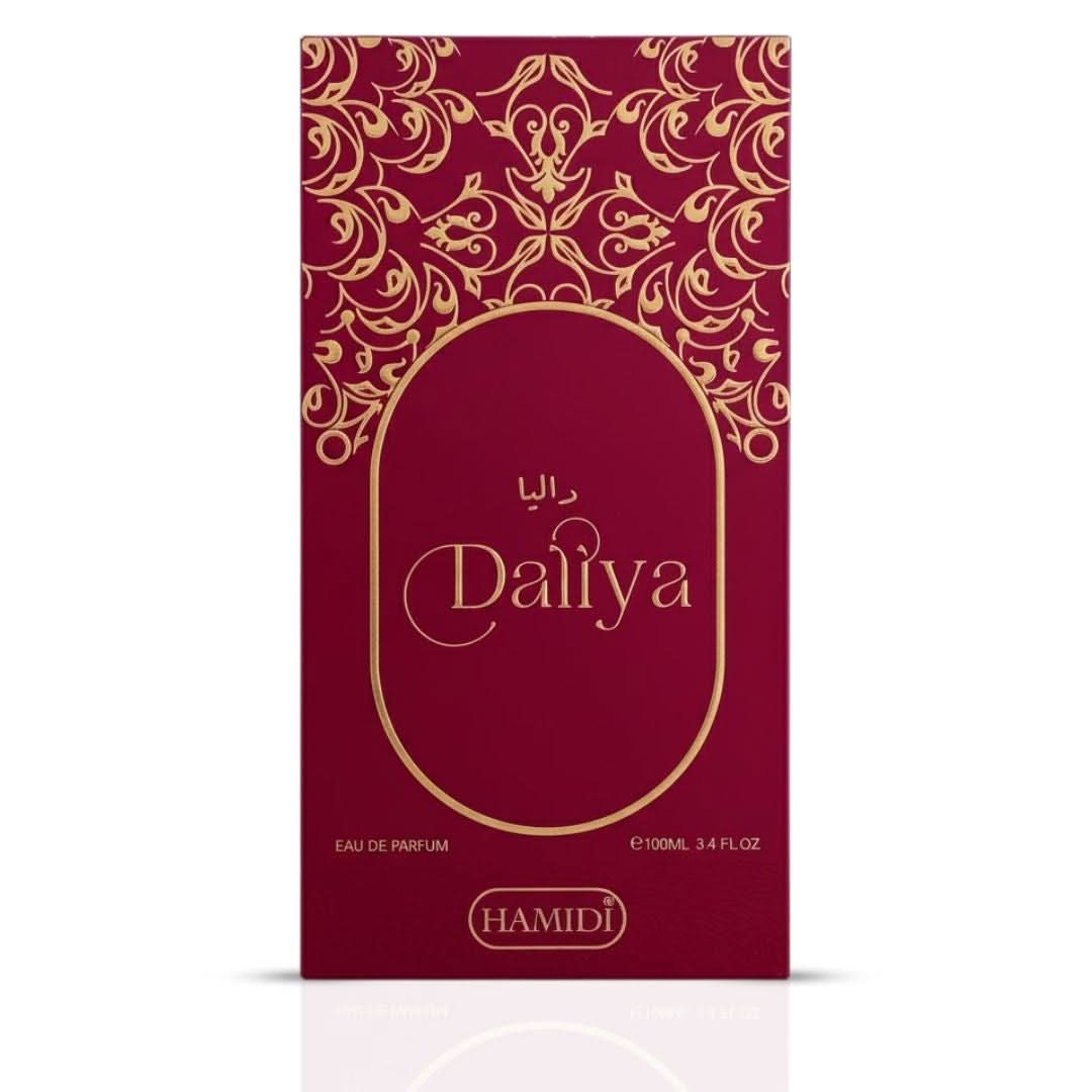 Hamidi Daliya Eau de Parfum spray bottle, 100ml, with elegant packaging and fragrance details visible.